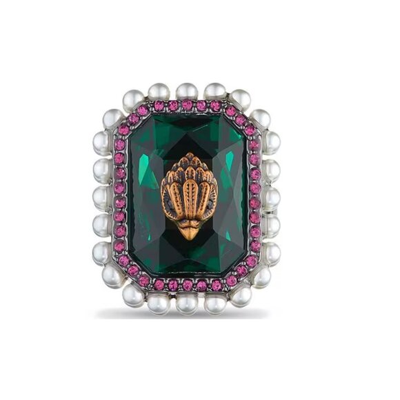 Kurt Geiger London Signature Eagle Vintage Gem Pearl Cocktail Ring Emerald Sz7 - Picture 1 of 5